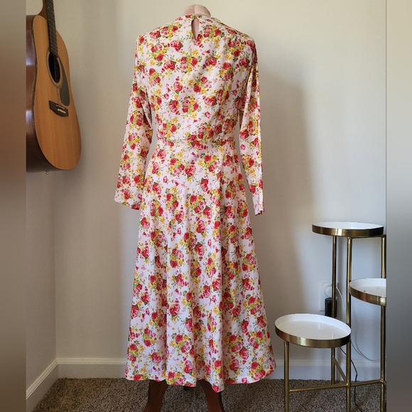 Vintage Cabbage Roses Floral Midi Dress Long Sleeves S/M No Tags - Picture 5 of 8